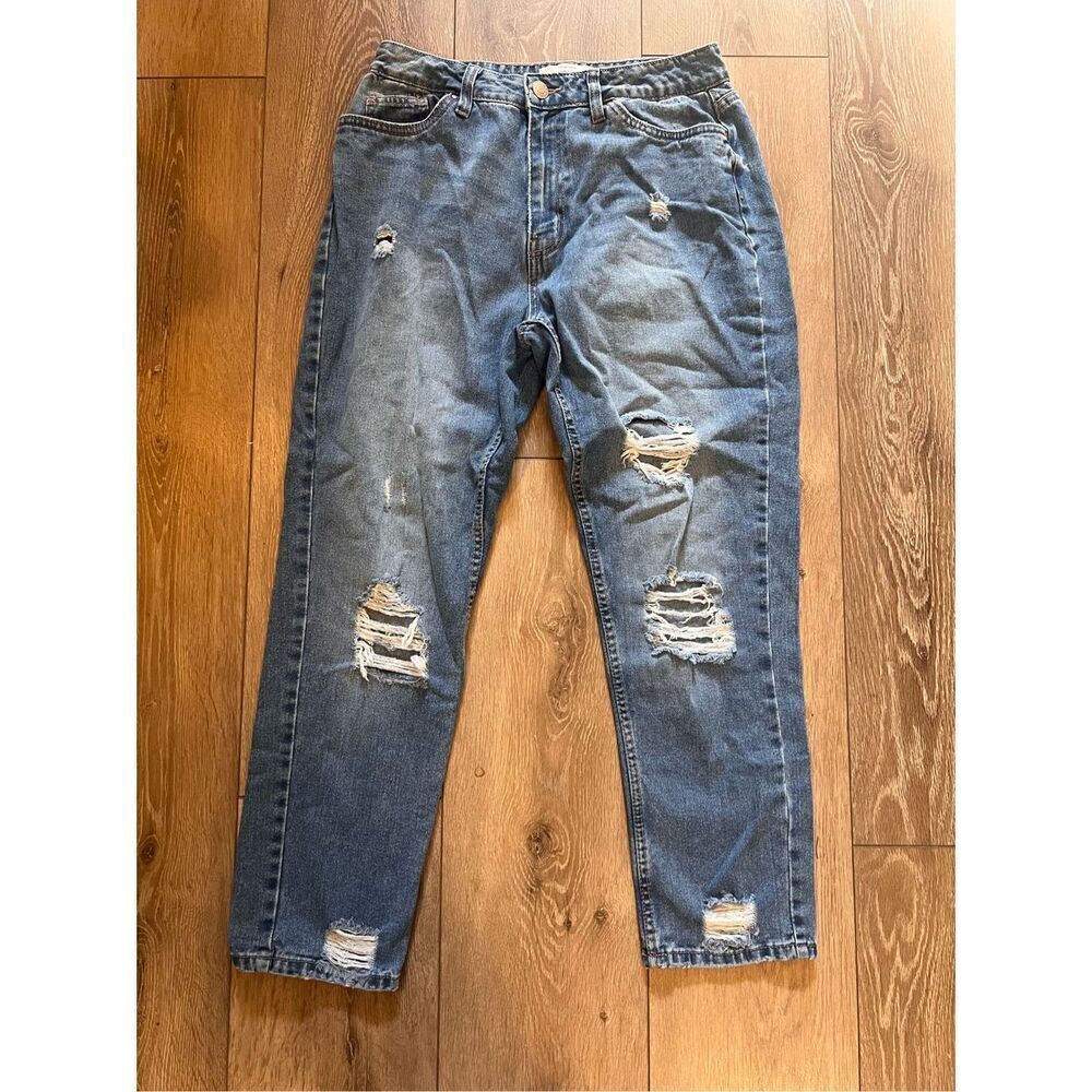 Refuge Denim Women's 9 Boyfriend Jeans High Rise Medium Wash Distressed Denim